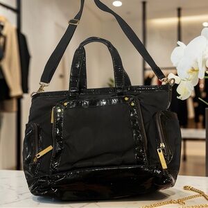 Tory Burch Black Nylon Tote Patent Trim Gold Hardware Travel Work Bag